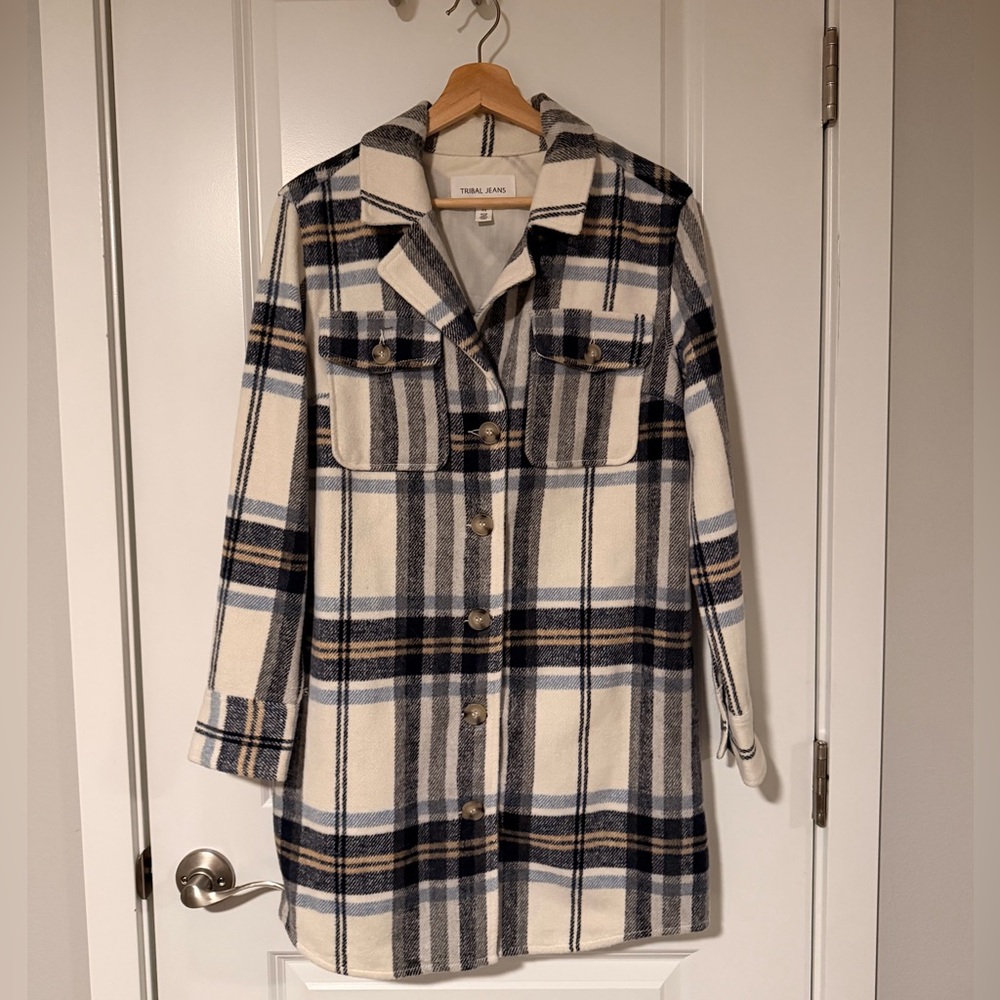 Tara Jarmon Blue and Cream Plaid Trench Coat